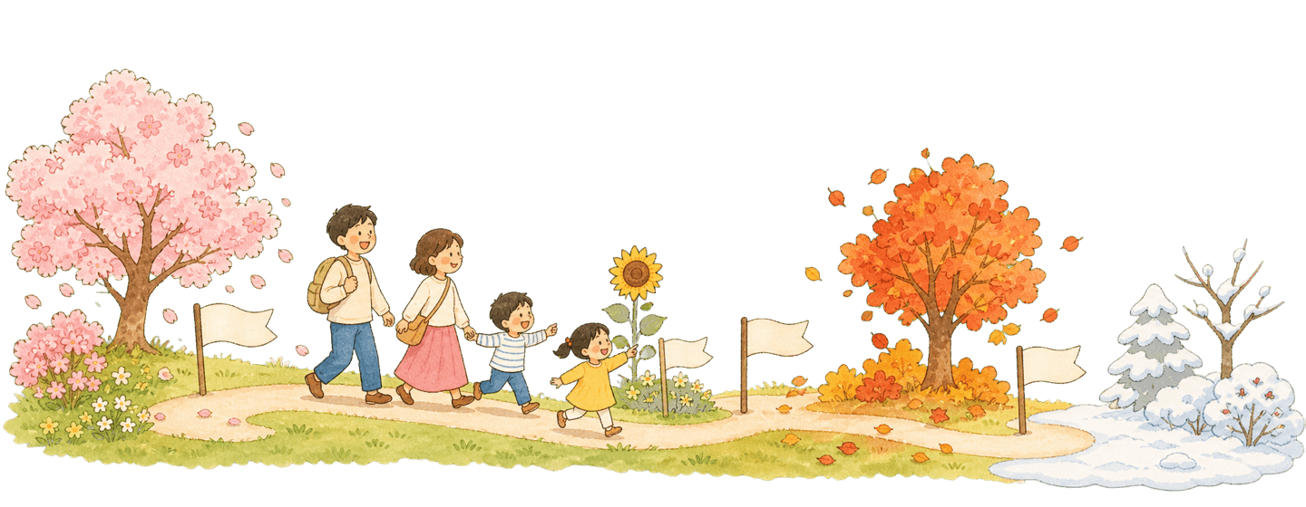 桜から雪まで四季の道を歩いていく家族のイラスト