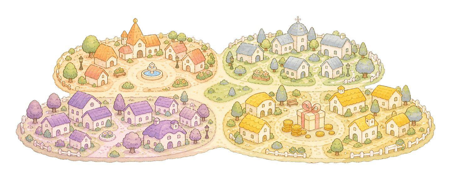 色分けされた区ごとの街並みとコインの山を描いた俯瞰イラスト
