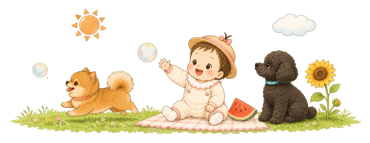 麦わら帽子の女の子がシャボン玉に手を伸ばし、ポメラニアンがシャボン玉を追いかけ、ひまわりの下にトイプードルが座る夏のイラスト