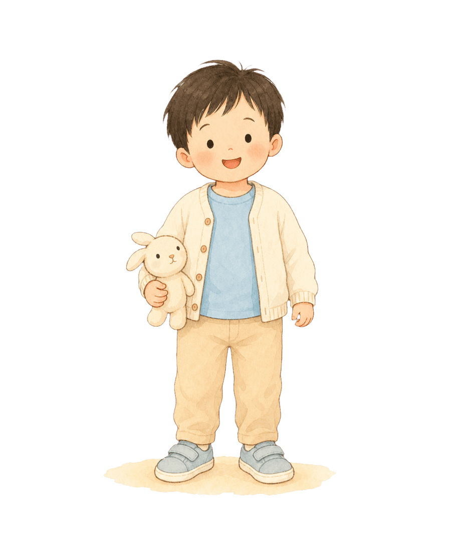 お子さんの見学服の例。Tシャツにカーディガン、動きやすいパンツ、マジックテープの靴