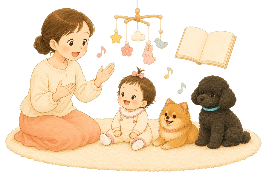 ラグの上で歌う親と聴き入る赤ちゃんのイラスト