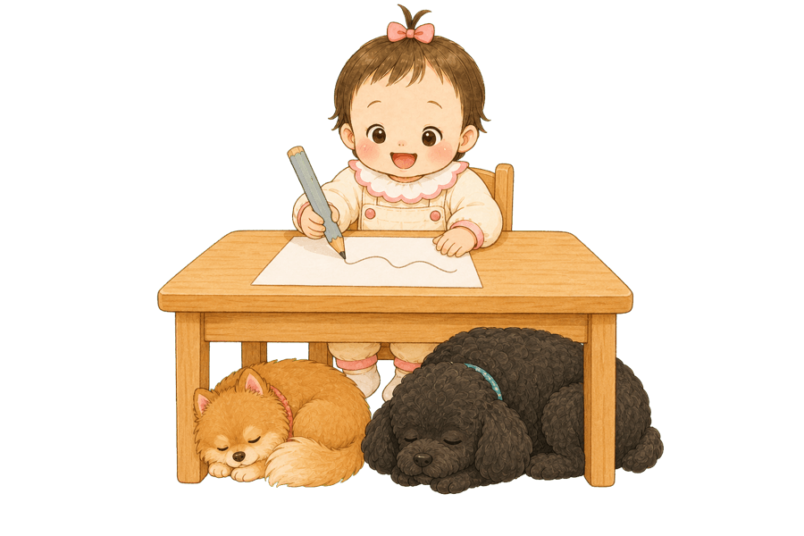 小さな机で線を書く子どもと見守る先生のイラスト